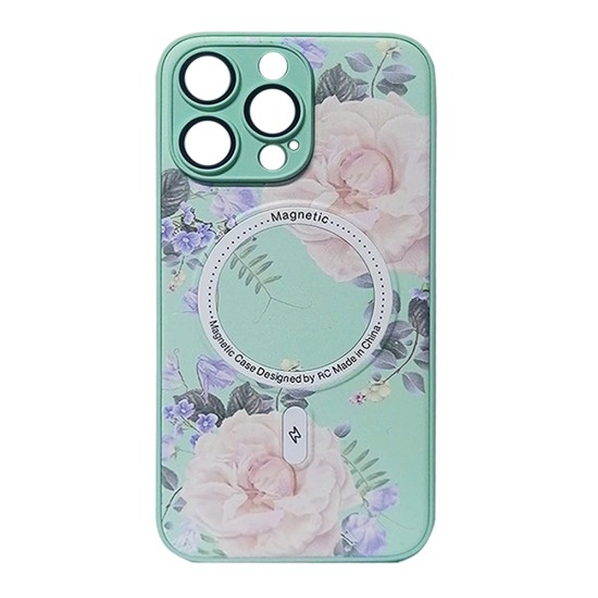 Capa Magnética com Desenho de Flores para Apple iPhone 15 Pro Max Verde